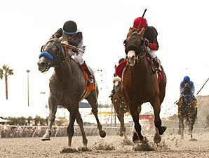 Jedi Mind Trick, left, wins the I'm Smokin Stakes.