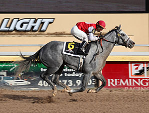 Lady Jensen wins the Useeit Stakes.