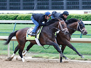 Overanalyze (outside) and Palace Malice (inside) at Churchill Downs for the Kentucky Derby.